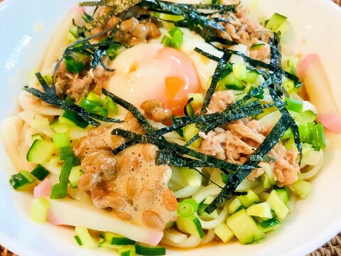 ★簡単ランチ★温泉卵＆納豆の冷かけうどん